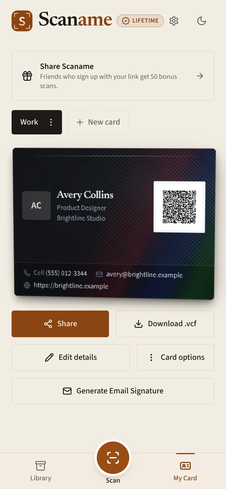 A digital business card in a premium design with a QR code